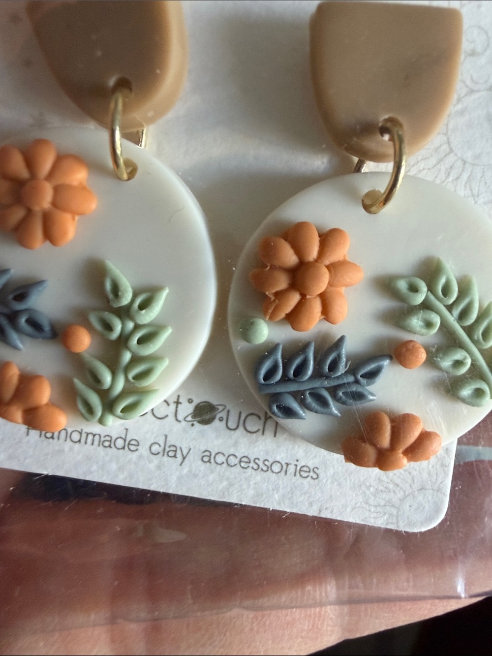 Handmade Floral Clay Dangle Earrings in Cream, Terracotta & Sage